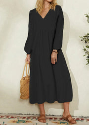 2025 Women's Orange Cotton Linen Loose Balloon Sleeve Dress
