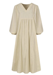 2025 Women's Orange Cotton Linen Loose Balloon Sleeve Dress