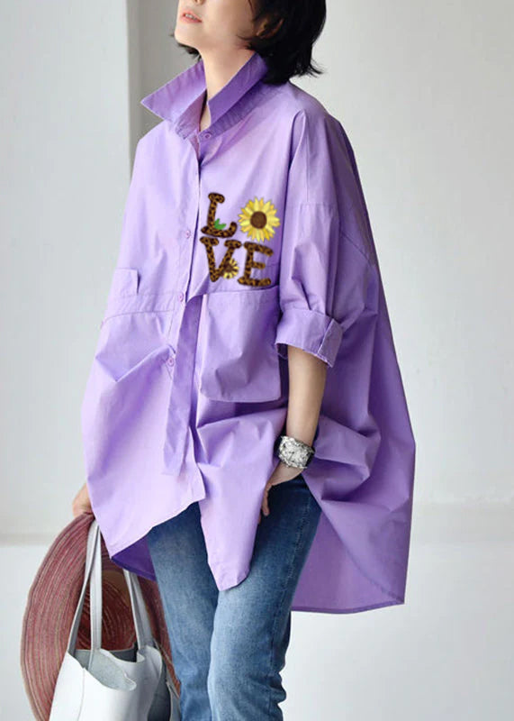 Pink Floral Peter Pan Collar Low High Design Cotton Shirt Long Sleeve