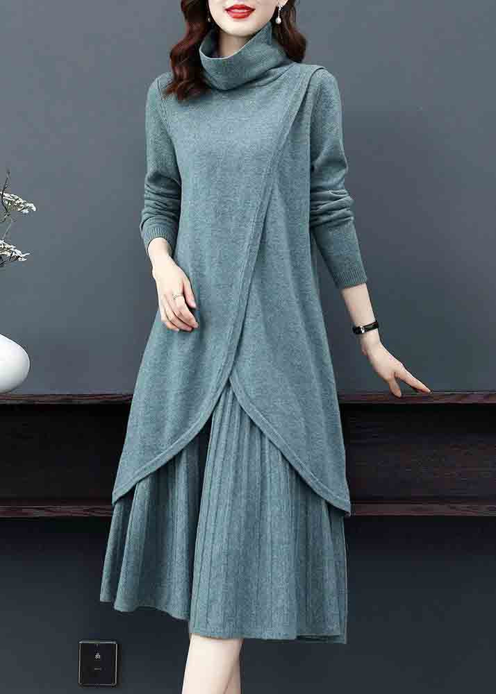 New Blue Turtleneck Tops And Skirts Wool Knit Two-Piece Set Winter