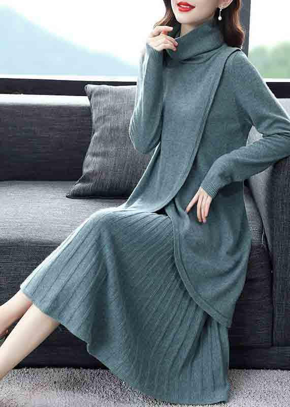 New Blue Turtleneck Tops And Skirts Wool Knit Two-Piece Set Winter