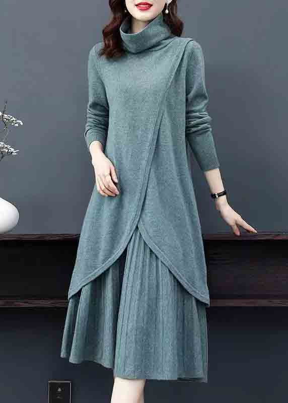 New Blue Turtleneck Tops And Skirts Wool Knit Two-Piece Set Winter