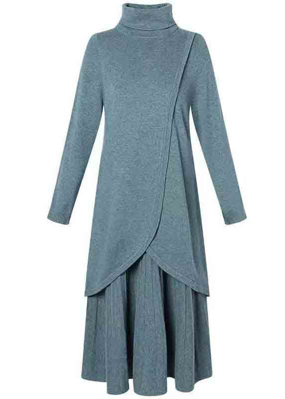 New Blue Turtleneck Tops And Skirts Wool Knit Two-Piece Set Winter
