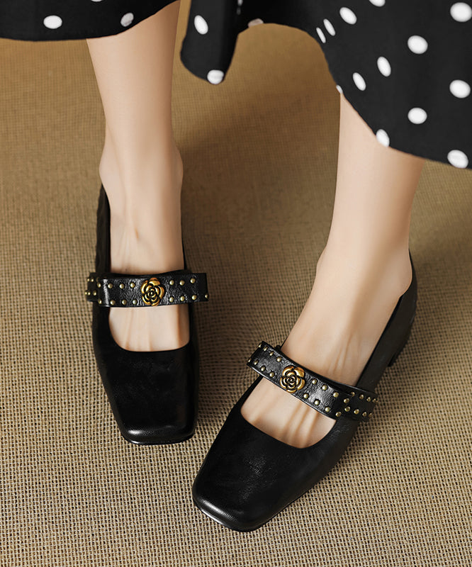 2025 Bow Rivet Splicing Chunky Loafer Shoes Black Sheepskin