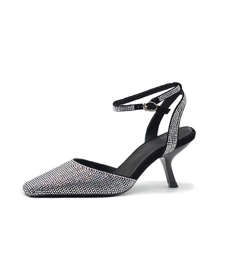 2025 Buckle Strap Splicing High Heel Sandals Black Sheepskin Zircon