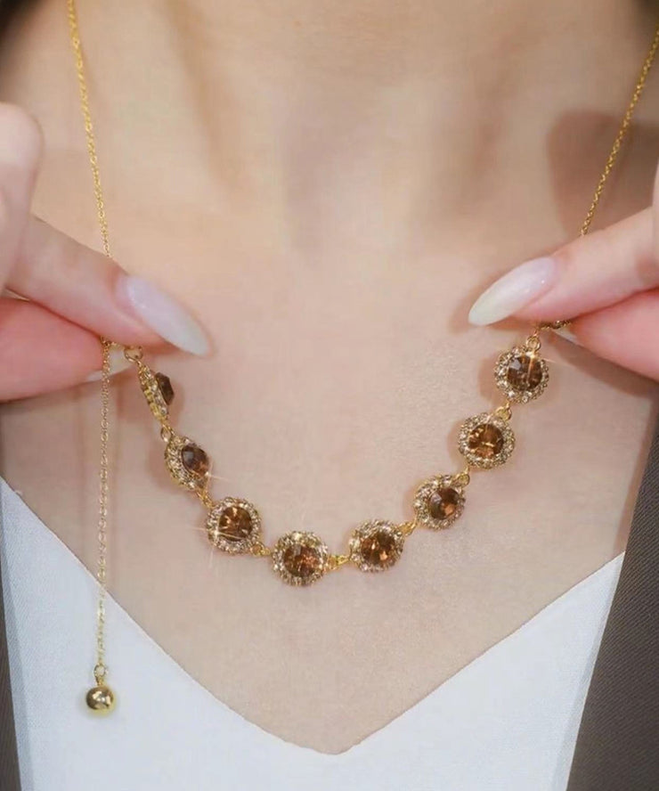 2025 Coffee Alloy Zircon Crystal Pull Type Lariat Necklace
