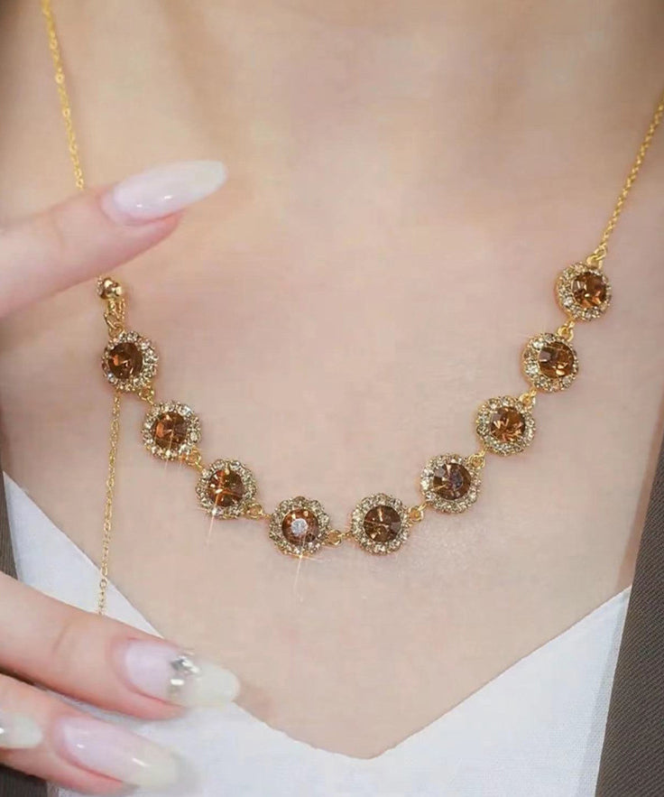2025 Coffee Alloy Zircon Crystal Pull Type Lariat Necklace