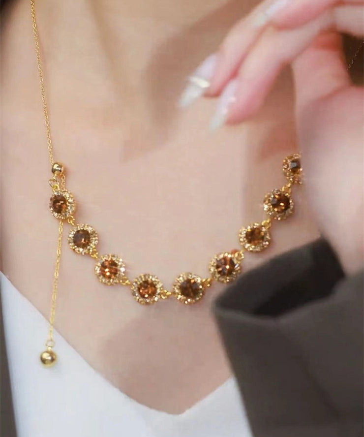 2025 Coffee Alloy Zircon Crystal Pull Type Lariat Necklace