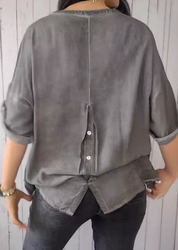 2025 Green V Neck Solid Shirt Short Sleeve