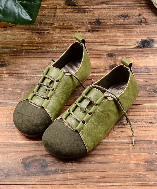 2025 Lace Up Splicing Flat Shoes For Women Green Faux Leather