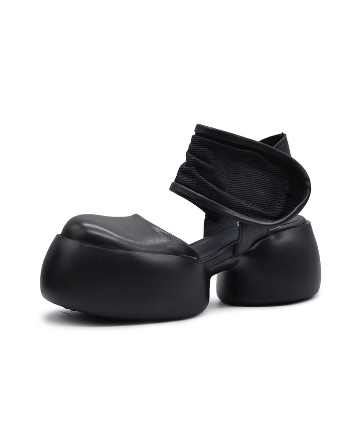 2025 New Black Cowhide Leather Chunky Sandals