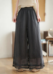 2025 New Black Lace Patchwork Elastic Waist Linen Wide Leg Pants Summer