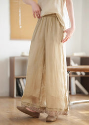 2025 New Black Lace Patchwork Elastic Waist Linen Wide Leg Pants Summer
