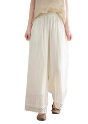 2025 New Black Lace Patchwork Elastic Waist Linen Wide Leg Pants Summer