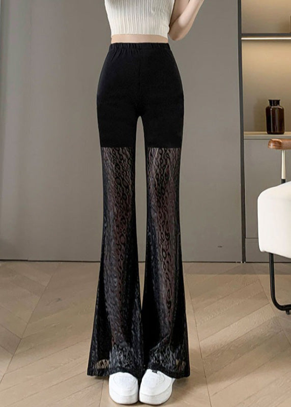2025 New Black Lace Splicing High Waist Bellbottom Pants Summer