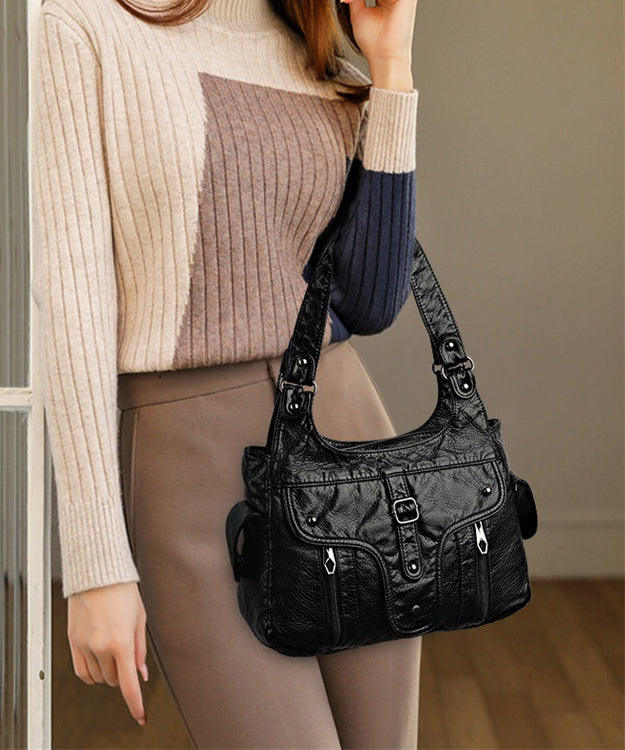 2025 New Black Large Capacity Calf Leather Shoulder Bag