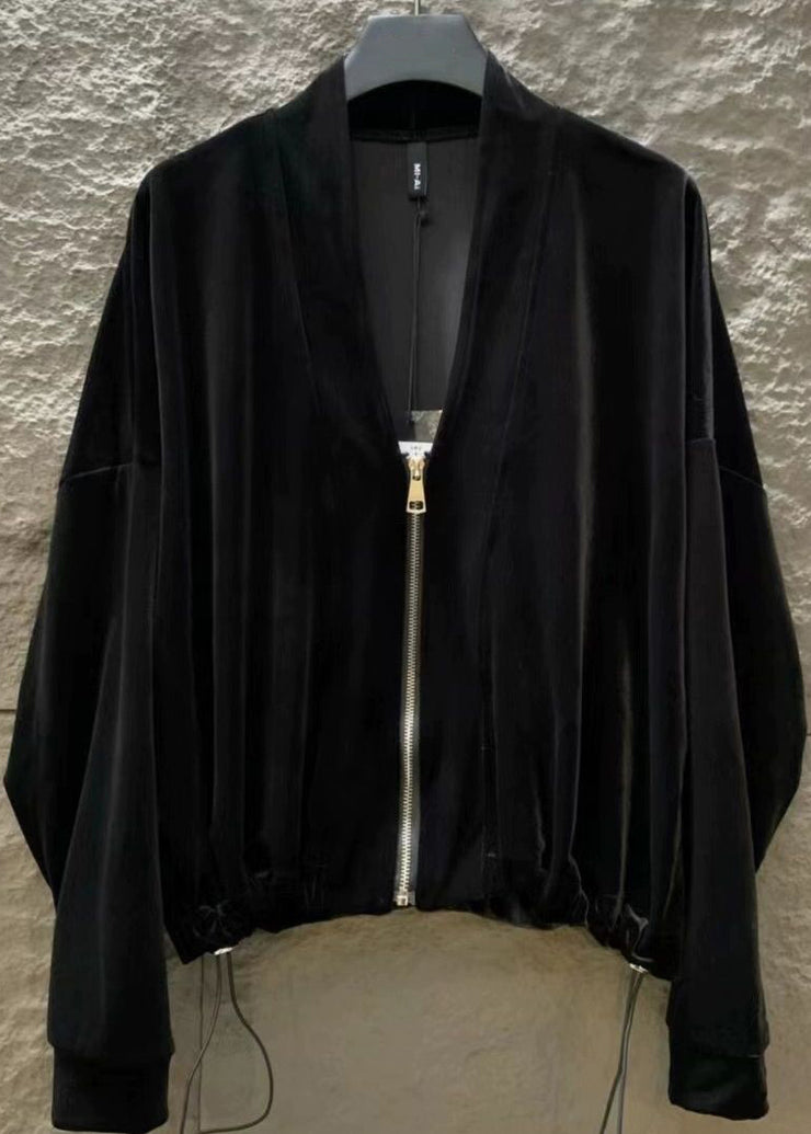 2025 New Black V Neck Zippered Silk Velvet Coat Batwing Sleeve