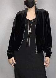 2025 New Black V Neck Zippered Silk Velvet Coat Batwing Sleeve