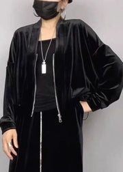 2025 New Black V Neck Zippered Silk Velvet Coat Batwing Sleeve