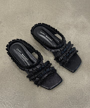 2025 New Black Wrinkled Sheepskin Slide Sandals Peep Toe