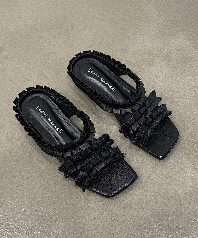 2025 New Black Wrinkled Sheepskin Slide Sandals Peep Toe