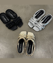 2025 New Black Wrinkled Sheepskin Slide Sandals Peep Toe