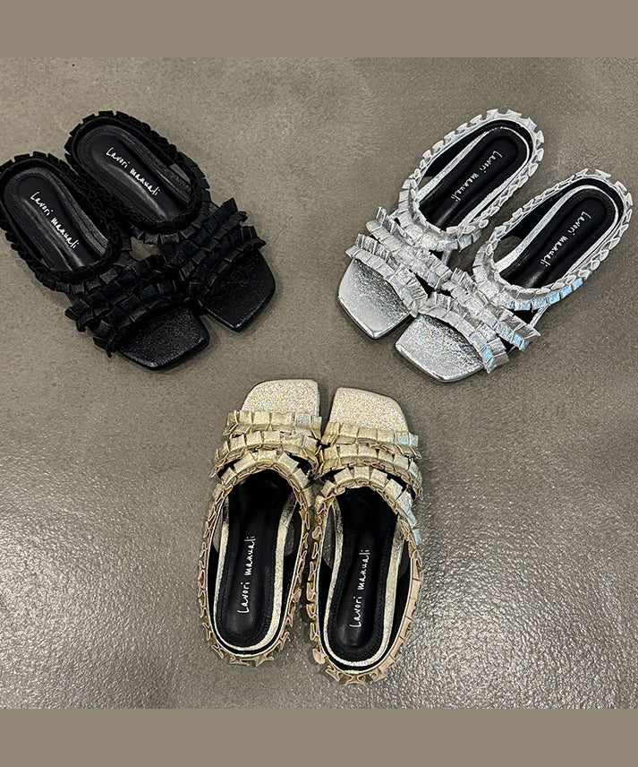 2025 New Black Wrinkled Sheepskin Slide Sandals Peep Toe