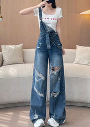 2025 New Blue Ripped Denim Wide Leg Overalls Jumpsuit Fall