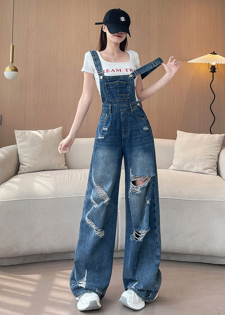 2025 New Blue Ripped Denim Wide Leg Overalls Jumpsuit Fall