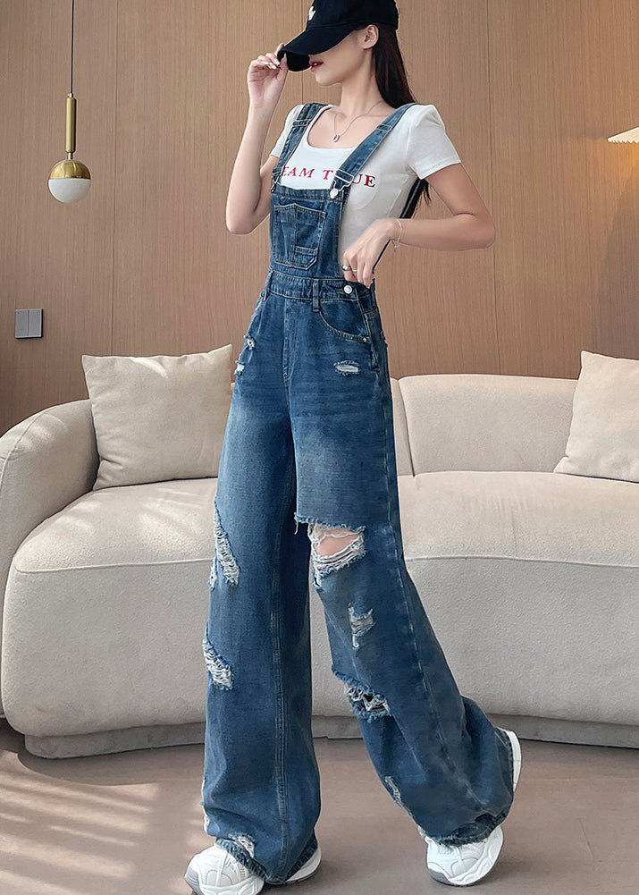 2025 New Blue Ripped Denim Wide Leg Overalls Jumpsuit Fall