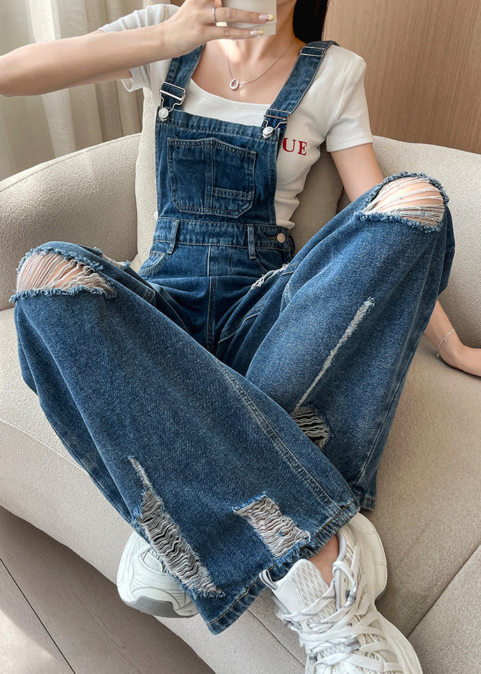 2025 New Blue Ripped Denim Wide Leg Overalls Jumpsuit Fall