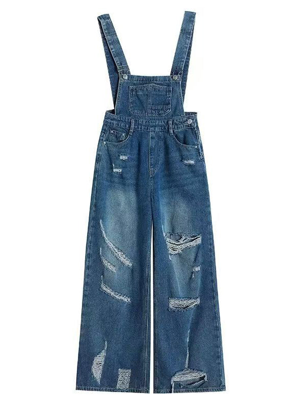 2025 New Blue Ripped Denim Wide Leg Overalls Jumpsuit Fall