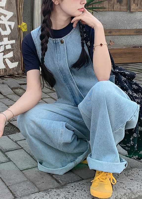 2025 New Blue T-Shirt And Denim Jumpsuit Set Summer