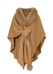 2025 New Brown Fox Fur Grass Shawl Woolen Coat Cloak Bat Sleeve