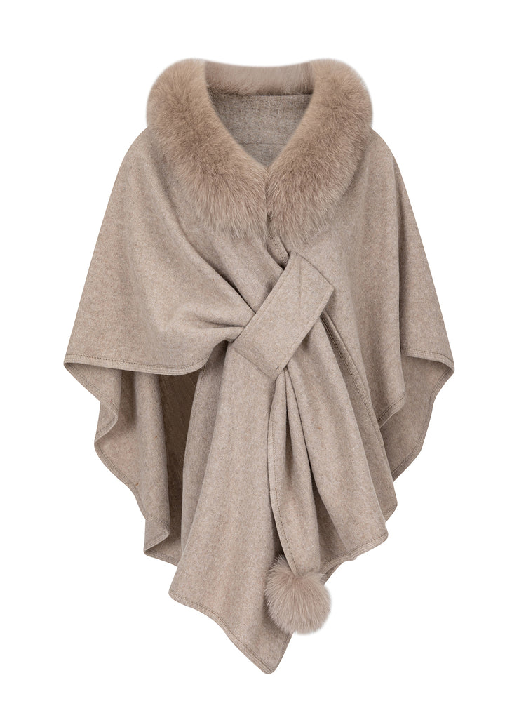 2025 New Brown Fox Fur Grass Shawl Woolen Coat Cloak Bat Sleeve