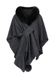 2025 New Brown Fox Fur Grass Shawl Woolen Coat Cloak Bat Sleeve