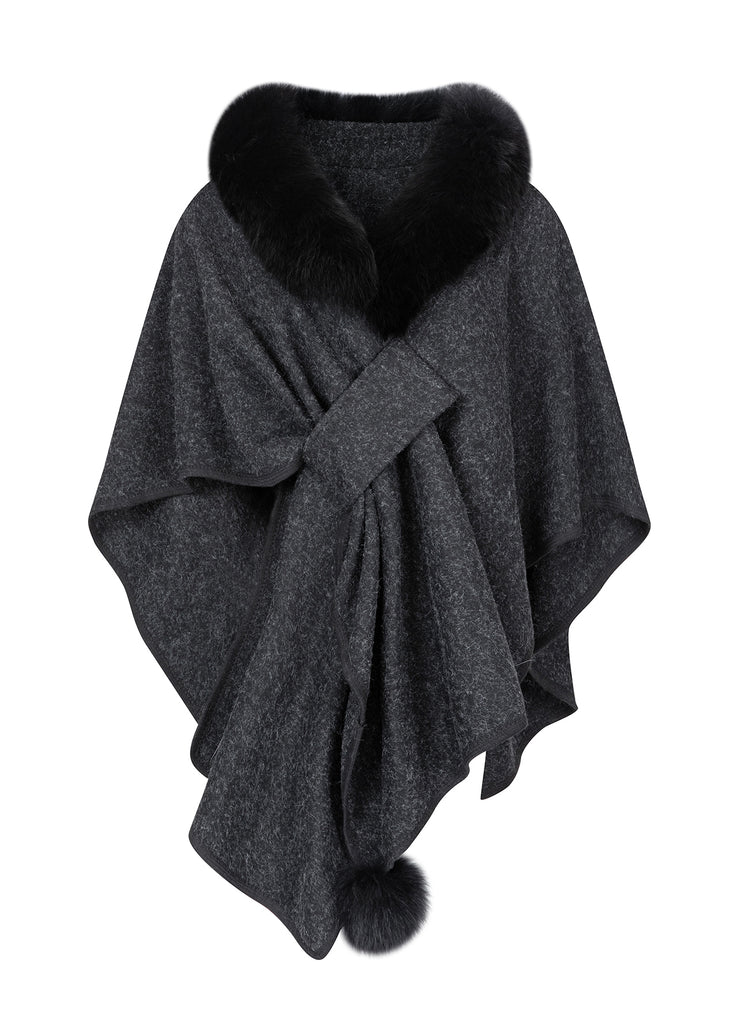 2025 New Brown Fox Fur Grass Shawl Woolen Coat Cloak Bat Sleeve