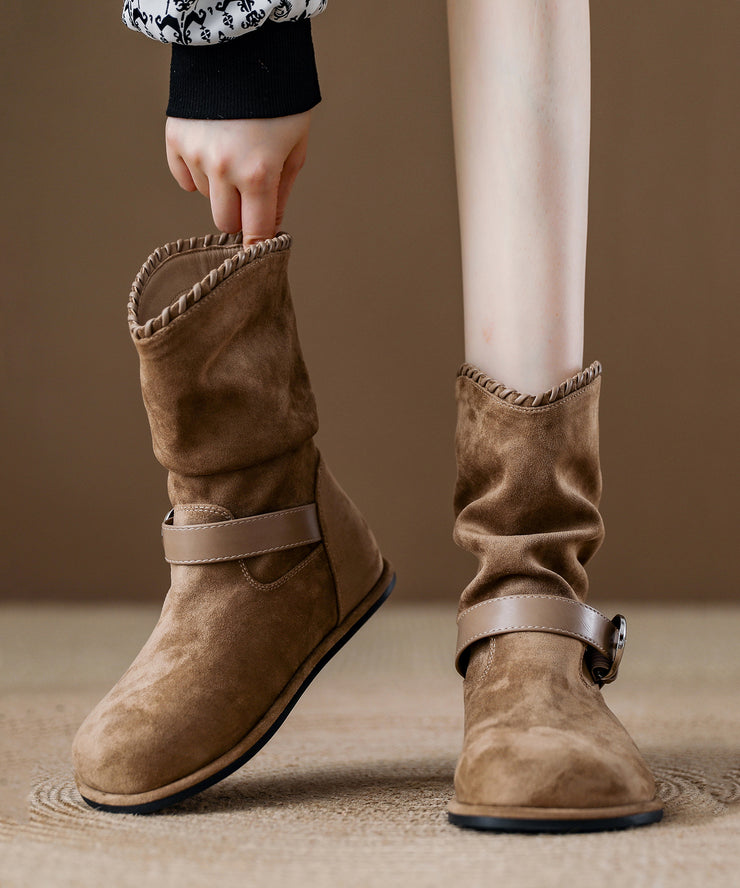 2025 New Brown Suede Wrinkled Splicing Boots
