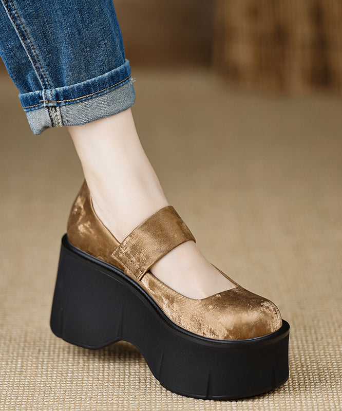 2025 New Buckle Strap Splicing Wedge High Heels Brown Satin