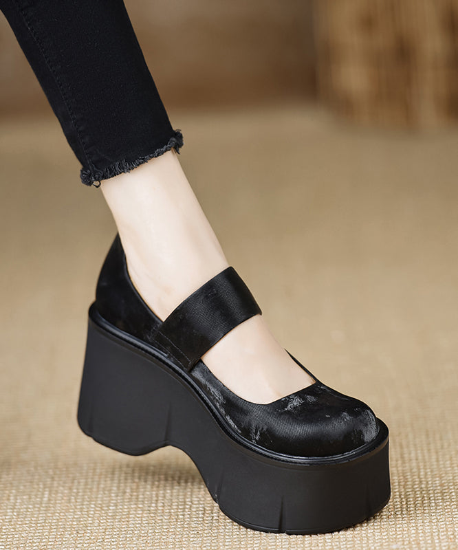 2025 New Buckle Strap Splicing Wedge High Heels Brown Satin