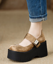2025 New Buckle Strap Splicing Wedge High Heels Brown Satin