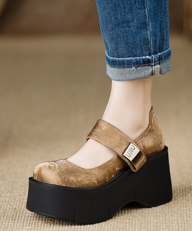 2025 New Buckle Strap Splicing Wedge High Heels Brown Satin