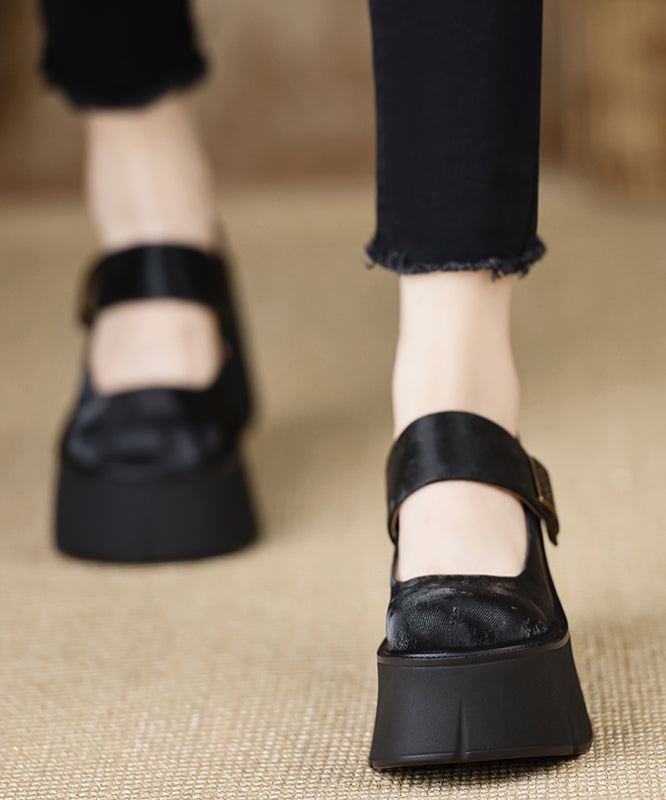 2025 New Buckle Strap Splicing Wedge High Heels Brown Satin