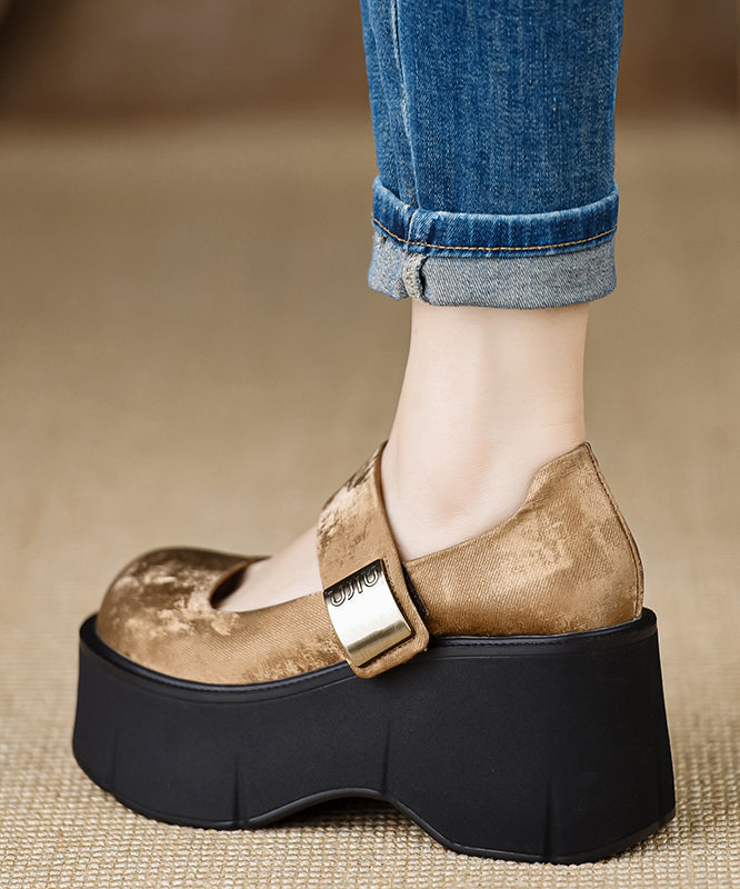 2025 New Buckle Strap Splicing Wedge High Heels Brown Satin