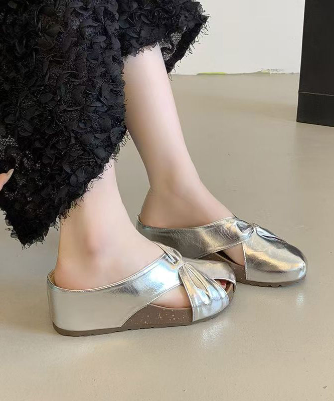 2025 New Champagne Faux Leather Wedge Heels Slide Sandals