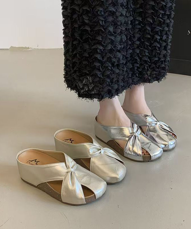 2025 New Champagne Faux Leather Wedge Heels Slide Sandals