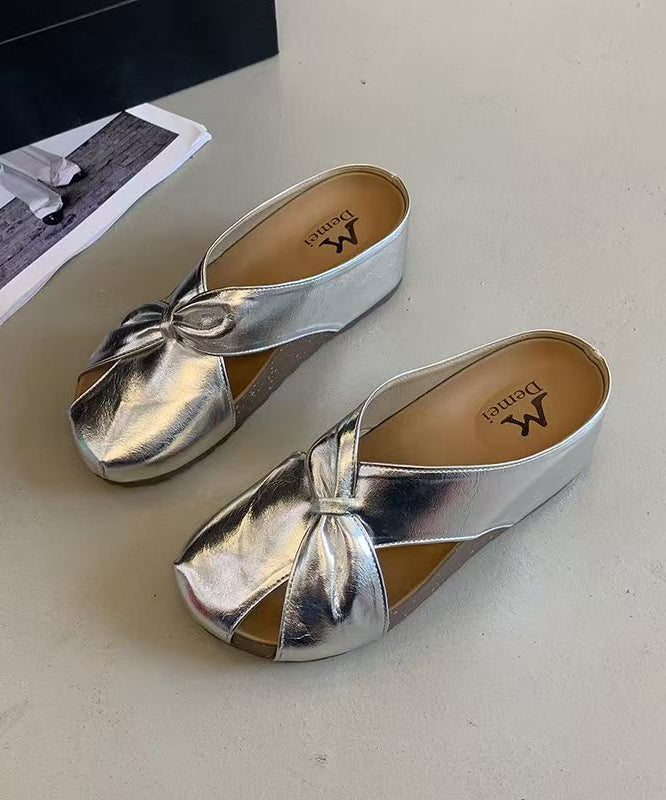 2025 New Champagne Faux Leather Wedge Heels Slide Sandals
