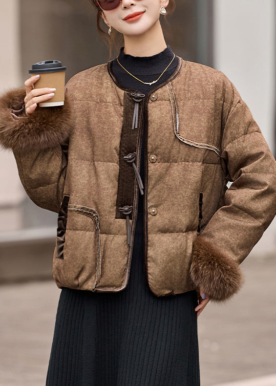 2025 New Coffee Fur Patchwork Duck Down Short Coat Winter