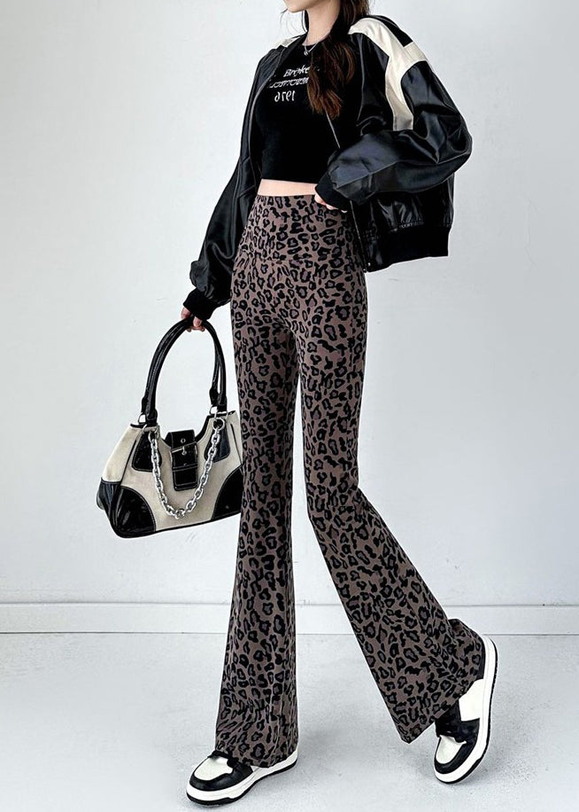 2025 New Coffee Leopard Print Flared Pants Autumn