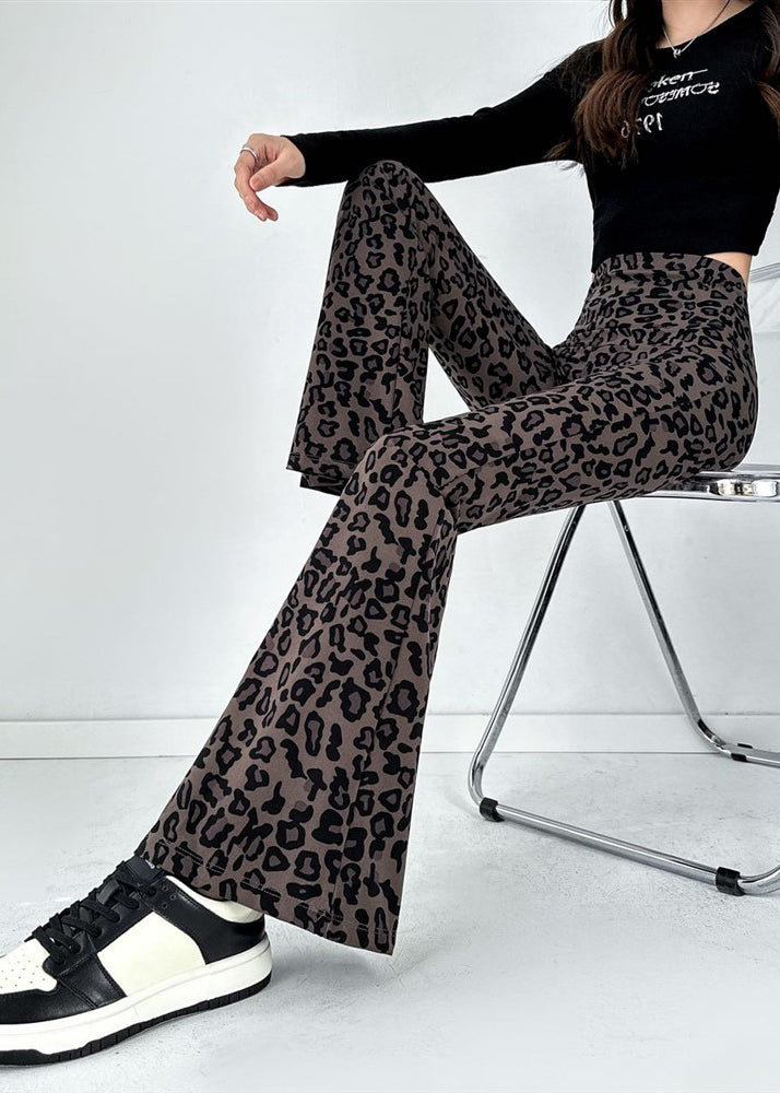 2025 New Coffee Leopard Print Flared Pants Autumn